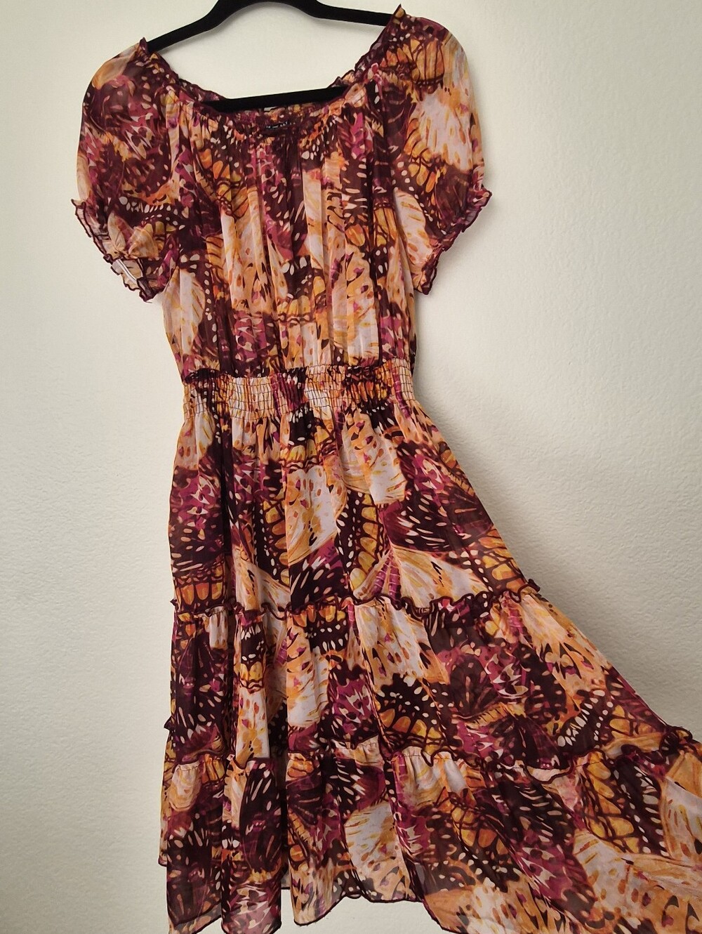 Off-Shoulder Tiered Midi Dress in Pink and Brown Butterfly Print